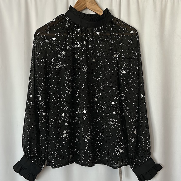 Cupshe Tops - Cupshe NWT Black Silver Stars Ruffled Long Sleeve Blouse Shirt Top **Size S**